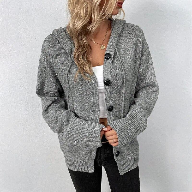 2023 Autunno Solido maglione donna monopetto con cappuccio con coulisse lavorato a maglia giacca cardigan donna caldo cardigan casual 28571