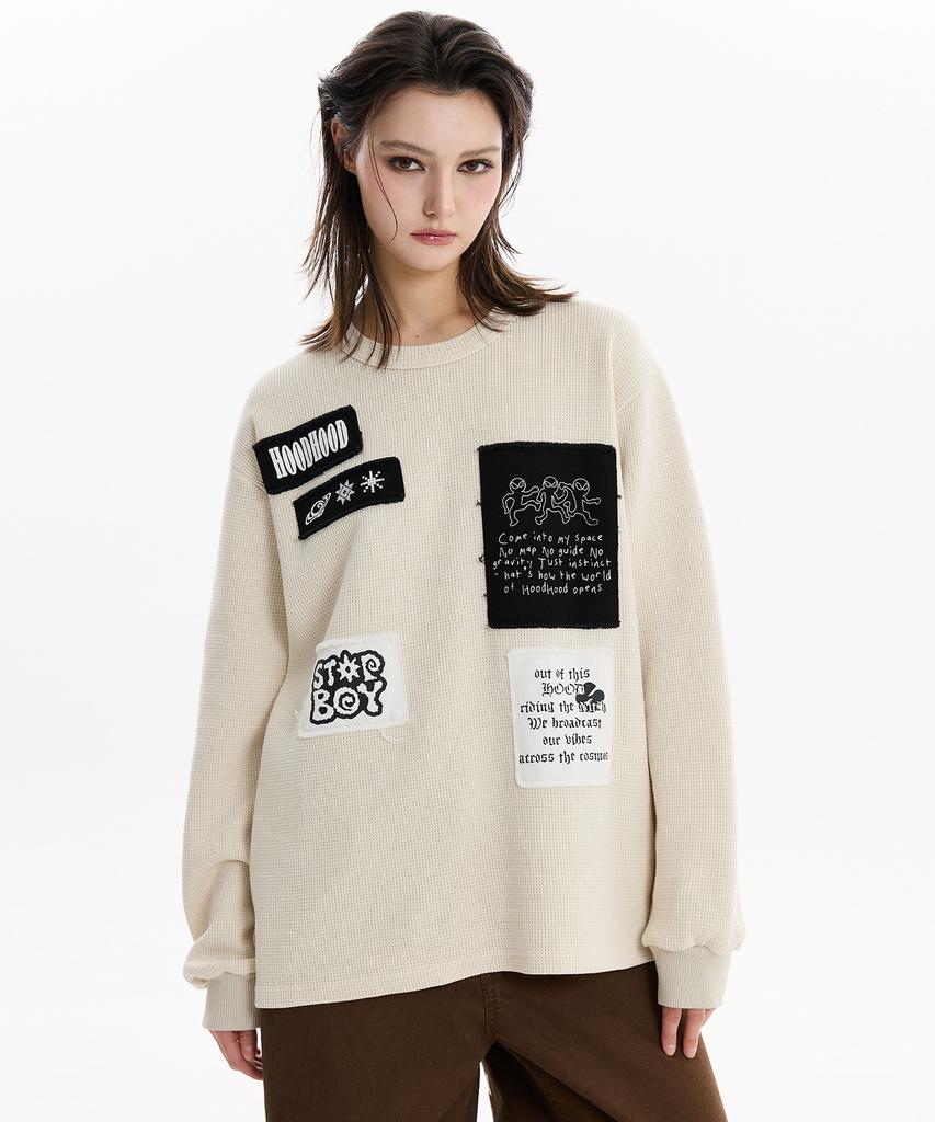 HOODHOOD Patchwork Waffle Long Sleeve T-Shirt Ivory