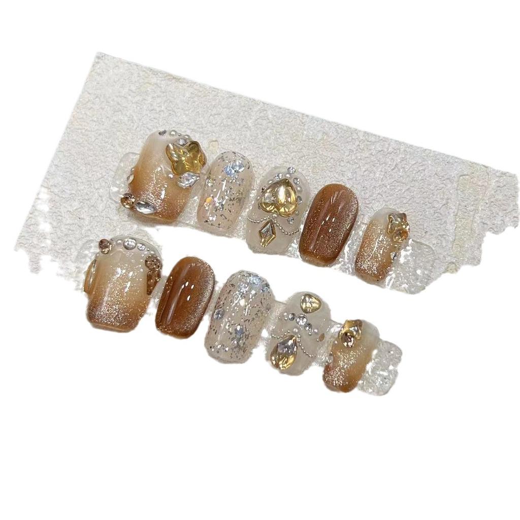 Hand-made Armor Handmade Nails Fake Nails Autumn and Winter Temperament Mocha Gradient Cat Eye Flash Champagne Diamond