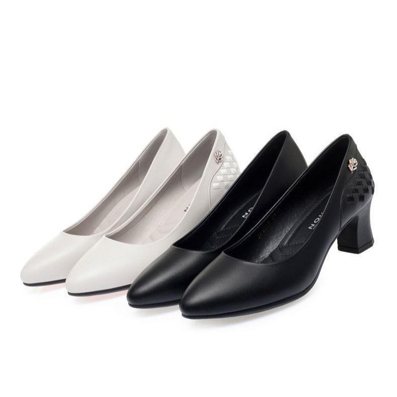 Work Shoes Single Order Shoes Women's Leather Shoes Pointed Toe Thick Heel Versatile Shallow Mouth Women's Shoes