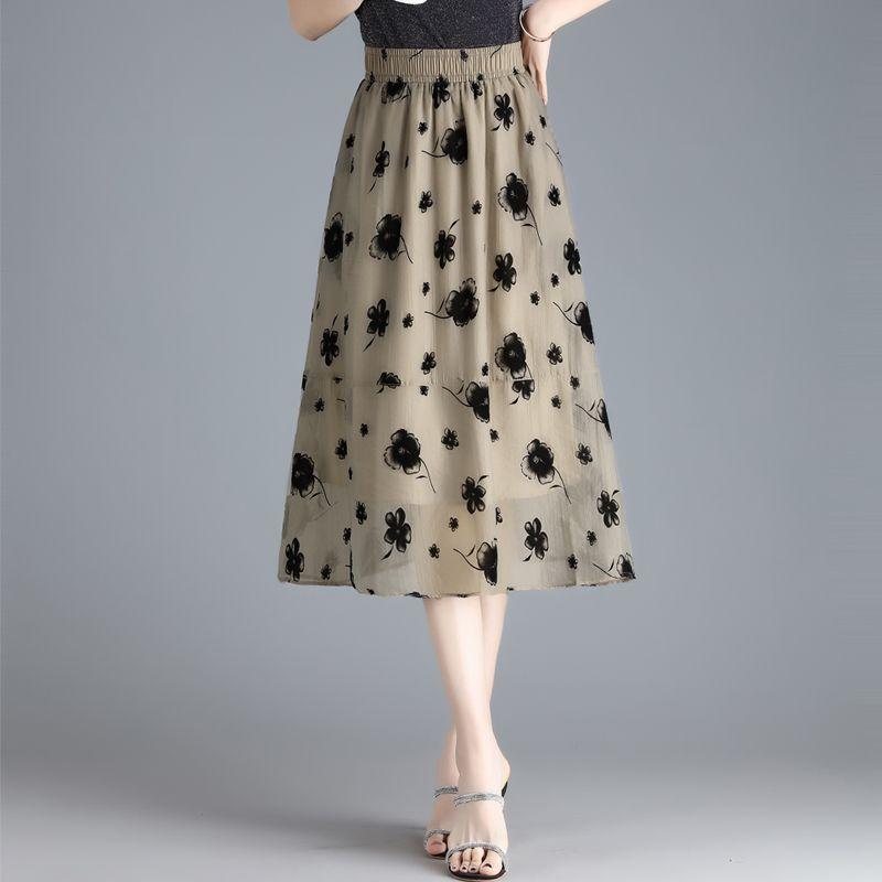 Sommer organza midiskjørt for kvinner Nytt stilig trykt stort svingeskjørt Høyt midje hengende garnskjørt