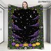 Whimsical Halloween Fall Decor Throw Blanket, Dark Fantasy Starry Night Sky Print with Crescent Moons, Floral Borders & Patterne