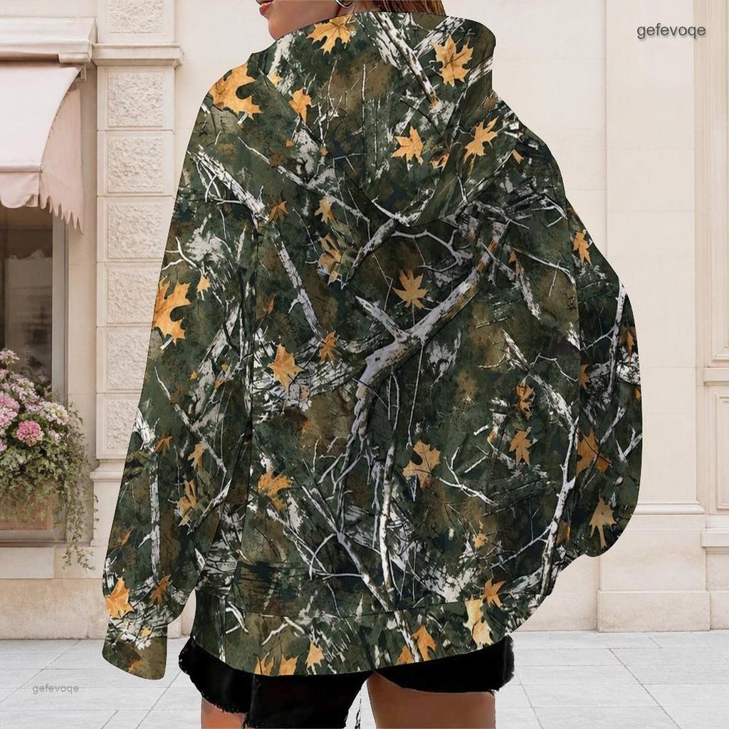Damen Plus Size Camouflage Print Reißverschluss Langarm Kapuzenpullover mit Kordelzug und Taschen