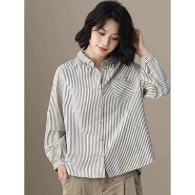 Spring Women's Striped Blouse Peter Pan Collar Long Sleeve Casual Shirt