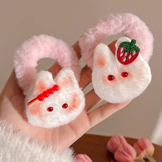 2Pcs Girl Hair Tie Cartoon Rabbit Decor Soft Plush Hair Rope High Elasticity Non-Damaging Fuzzy Hair Band Winter Hair Accessories