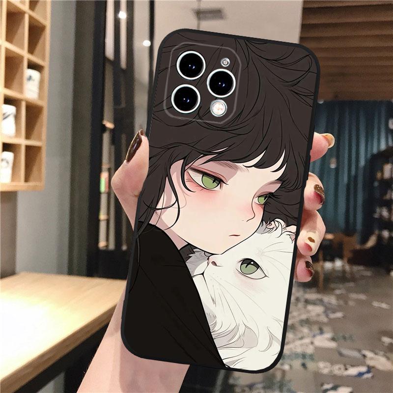 Anime Girl Woman Holding a Cat Phone Case For iphone 16 15 14 Pro Max 16 15 14 13 12 Pro 15Plus iphone 11