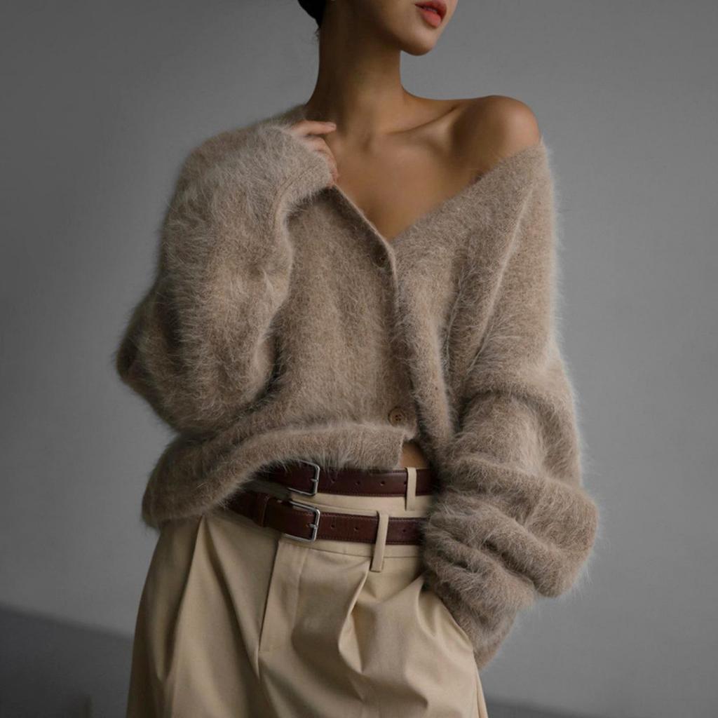 Women's 2025 Autumn Winter Faux Mink Knit Cardigan V Neck Long Sleeve Loose Casual Sweater Coat