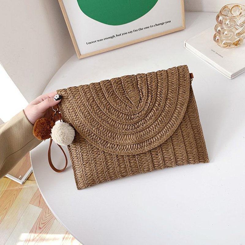 Summer Beach Straw Crossbody Bag with Cute Ball Pendant for Women Casual Wicker Shoulder Clutch Purse Travel Handbag Ladies