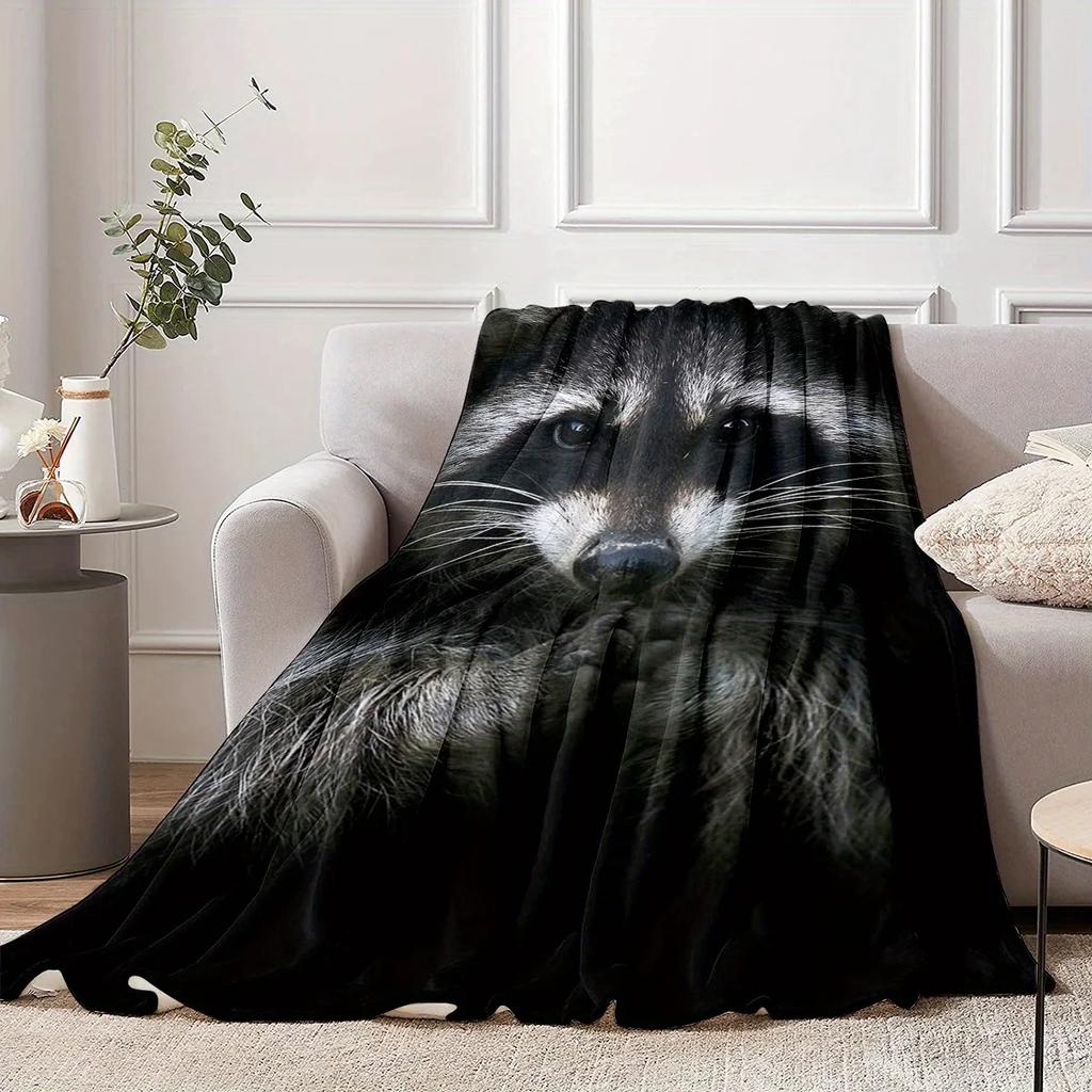 1pc Raccoon Animal Pattern Flannel Blanket, Warm Cozy Soft Throw Blanket For Couch Bed Sofa Camping