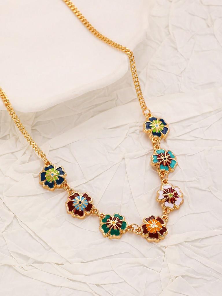 1 piece colorful patchwork vintage flower design necklace, suitable for daily wear, festivals, parties and as a gift for Valentine's Day, Mother's Day