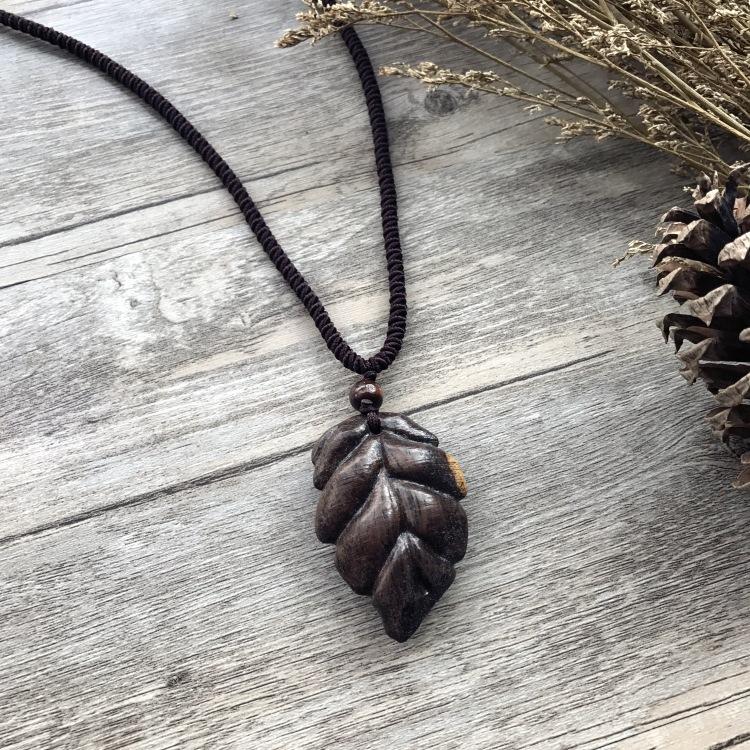 Retro Hand-carved Mahogany Long Necklace Women's Fashion Temperament Cotton and Linen Clothing Sweater Chain Accessories