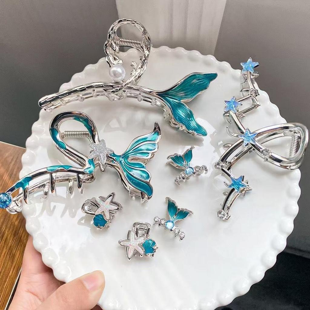 1pc Blue Fishtail Metal Clip Big and Elegant Starfish Hair Clip Back Shark Clamp Hair Decorations