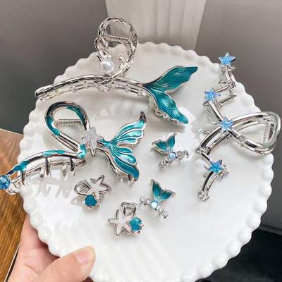 1pc Blue Fishtail Metal Clip Big and Elegant Starfish Hair Clip Back Shark Clamp Hair Decorations