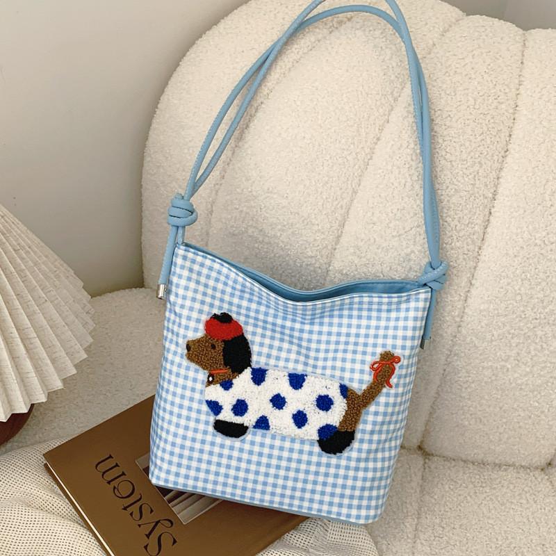 

Stylish Minimalist Korean Cute Cartoon Bucket Bag For Trendy Casual Outfits Checkered Dot Dog