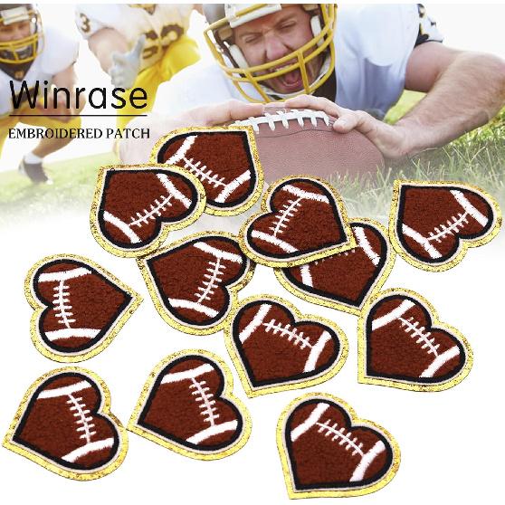 12pcs Heart Football Iron on Patches Embroidered Motif Applique Deco Sew on Patches Gold Edges Chenille Love Shape Rugby Embroidered Patches for