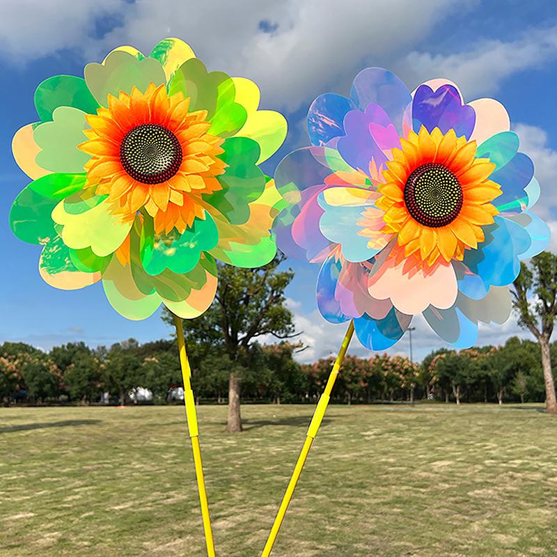 1 Set Outdoor Garden Decor Double Layered Sunflower Windmill Rotating Sunflower Wind Spinner Stake Standing Lawn Flower Pinwheel