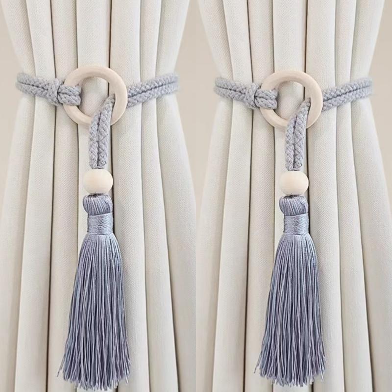2 Piezas Chic Bohemio Cordón de Algodón Ajustable Cortina Amarre Borla - Tejido a Mano, Correa Hebilla de Cortina con Anilla de Madera