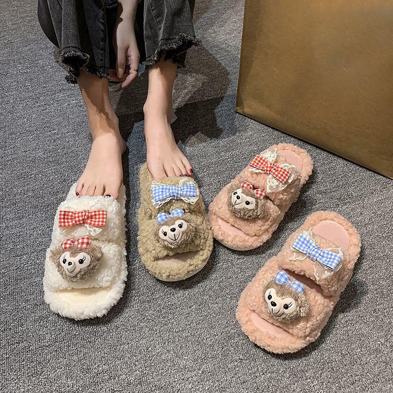 Comfortable and warm fluffy slippers season cartoon cute one-word women's cotton slippers