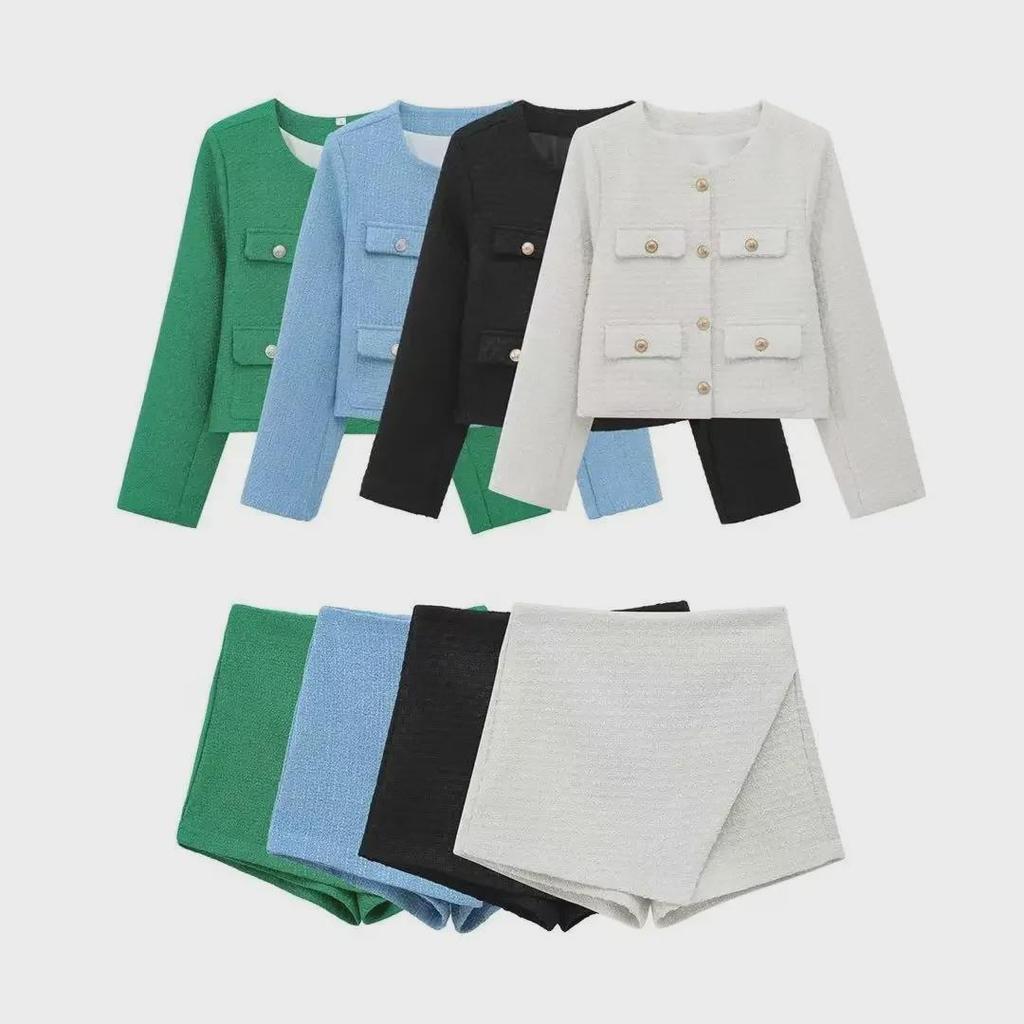 ZA Women's European & American Style Textured Shoulder Pad Jacket + Skirt/Pants Set