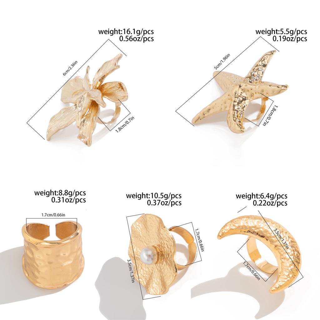 SHIXIN Fashion Gold Color Starfish Flowers Wide Open Rings for Women Exaggerated Geometric Star Moon Adjustable Couple Ring Y2K