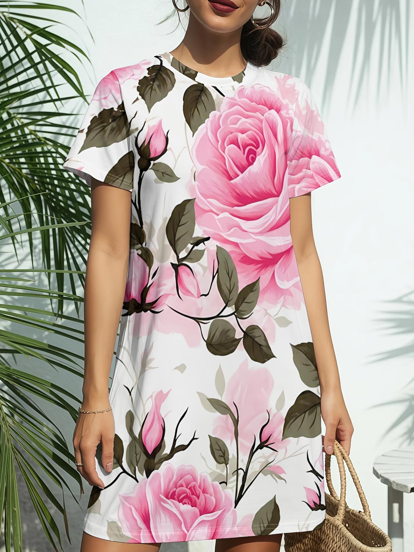 

Pink RoseNew Women s Round Neck Short Sleeve T-Shirt Dress. American Style Trend Digital Printing. Casual and Versatile for Spring and Summer. Elegant 3XL дубильная кора