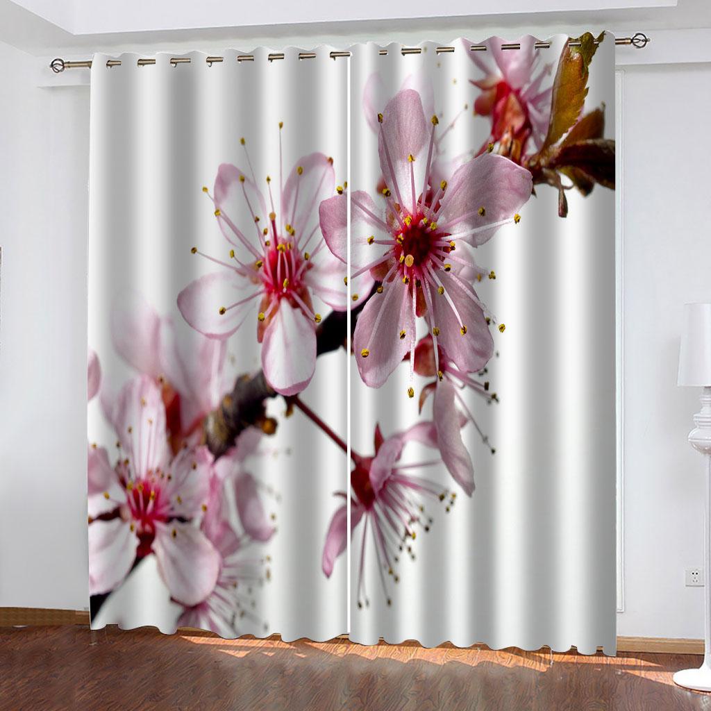 Rosa Botanischer Pfirsichbaumzweig 3D-Muster Schattierungsvorhänge 2 Paneele Luxuriöse Klassische Wohnzimmer Schlafzimmer Fensterdekor Vorhänge