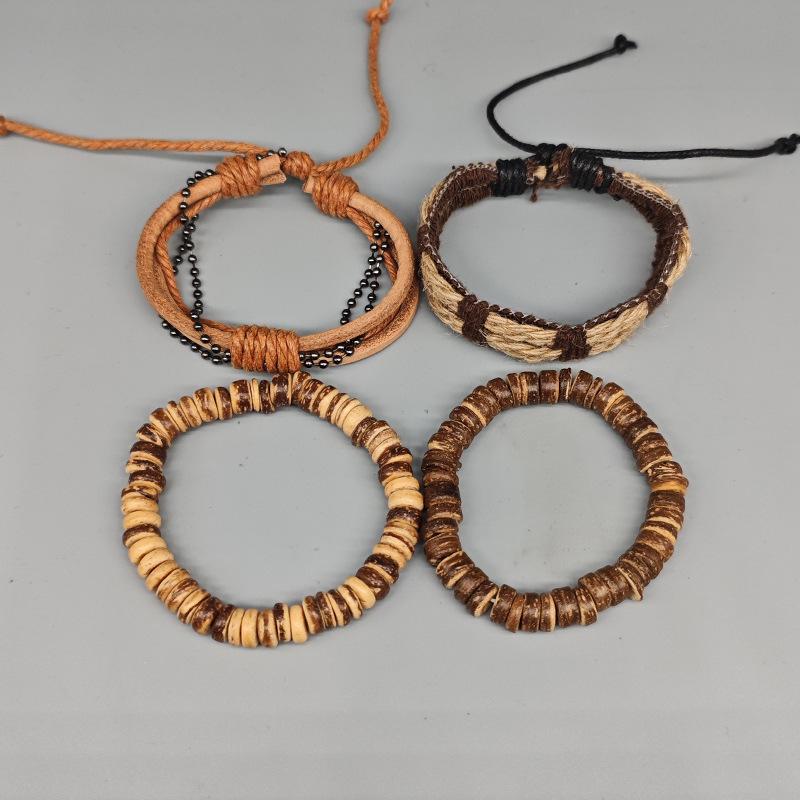 Vintage Mori-Style Braided Leather & Coconut Shell Bracelet Set - Adjustable Hemp Rope, Unisex, 4 Pieces