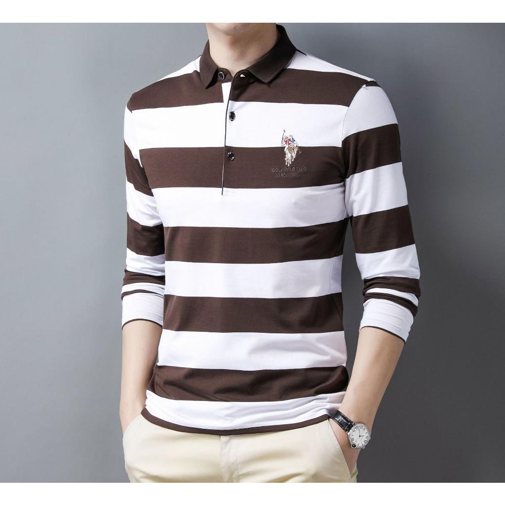 Men's Autumn New Long-sleeved T-shirt Men's Casual Korean Version Trendy Lapel Striped Business Polo Shirt Top