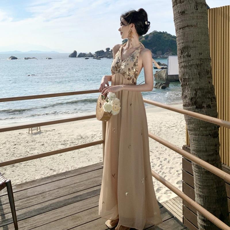 Heavy Industry Embroidery Sequined Neck Sling Dress Women s Dress Seaside Vacation Backless Beach Long Skirt S
