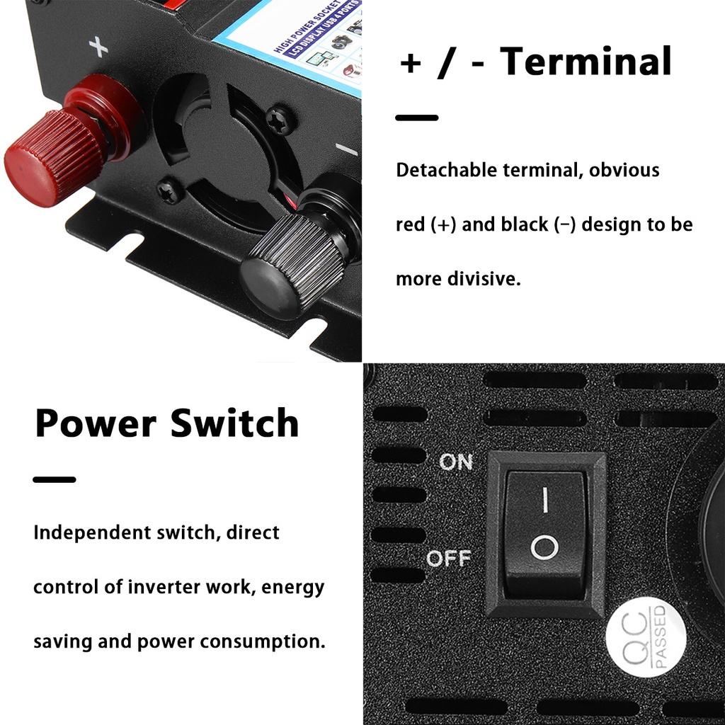 2000W Inverters LCD Display Modified Sine Wave Solar Power Inverters DC 12/24V To AC 220V Voltage Transformer Car Adapter Charging Converter