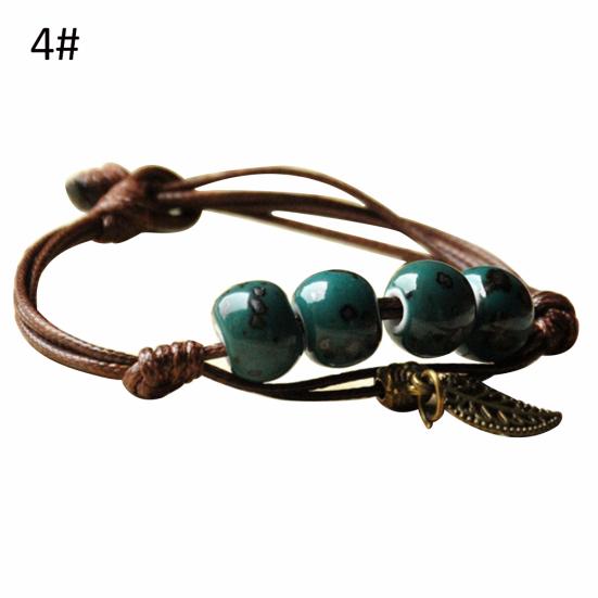 Ethnic Leaf Cat Charm Ceramics Beaded Bracelet Women Handwoven Jewelry Gift