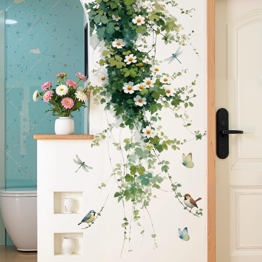 Vine Flowers Wall Sticker Removable Self-Adhesive for Door Bedroom Background Wall Floral Home Decor Art