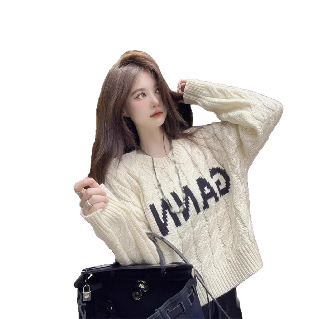 Sweet cool crew neck twist sweater women's autumn and winter  new niche chic letter loose short