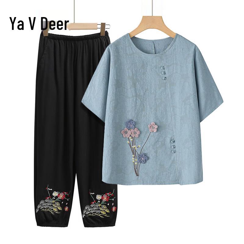 Yalu Women s Summer Plus Size Pure Cotton Printed Two-Piece Set 2XL