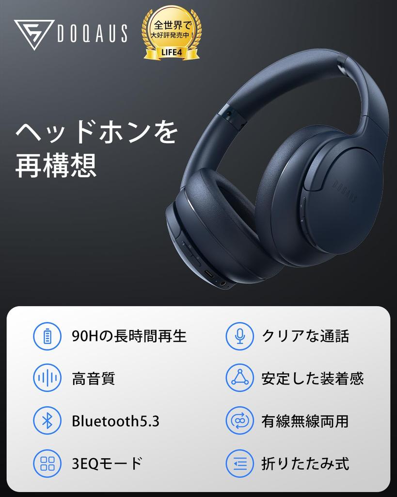 DOQAUS LIFE4 Wireless Bluetooth Up to 90 Hours of Continuous 3 EQ AAC Wired and Wireless Comfortable Deep Navy Blue Headphones, 5.3, Playback, Modes,