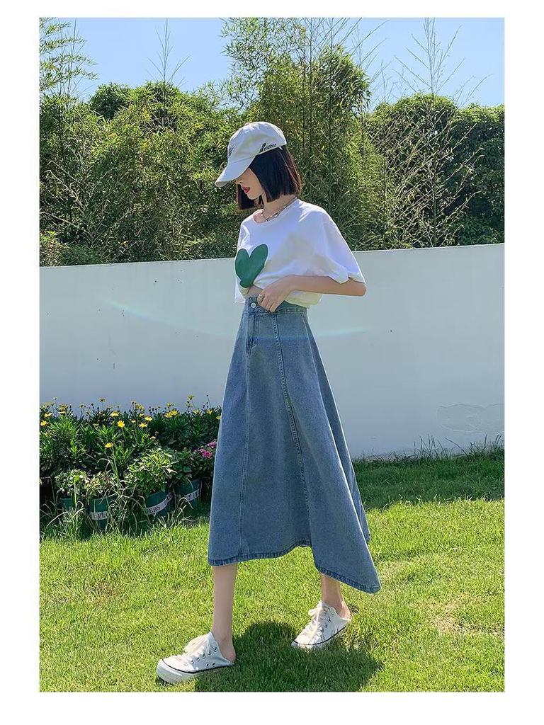 2025 Women's High Waist Slimming Midi Denim A-Line Skirt for Spring/Summer