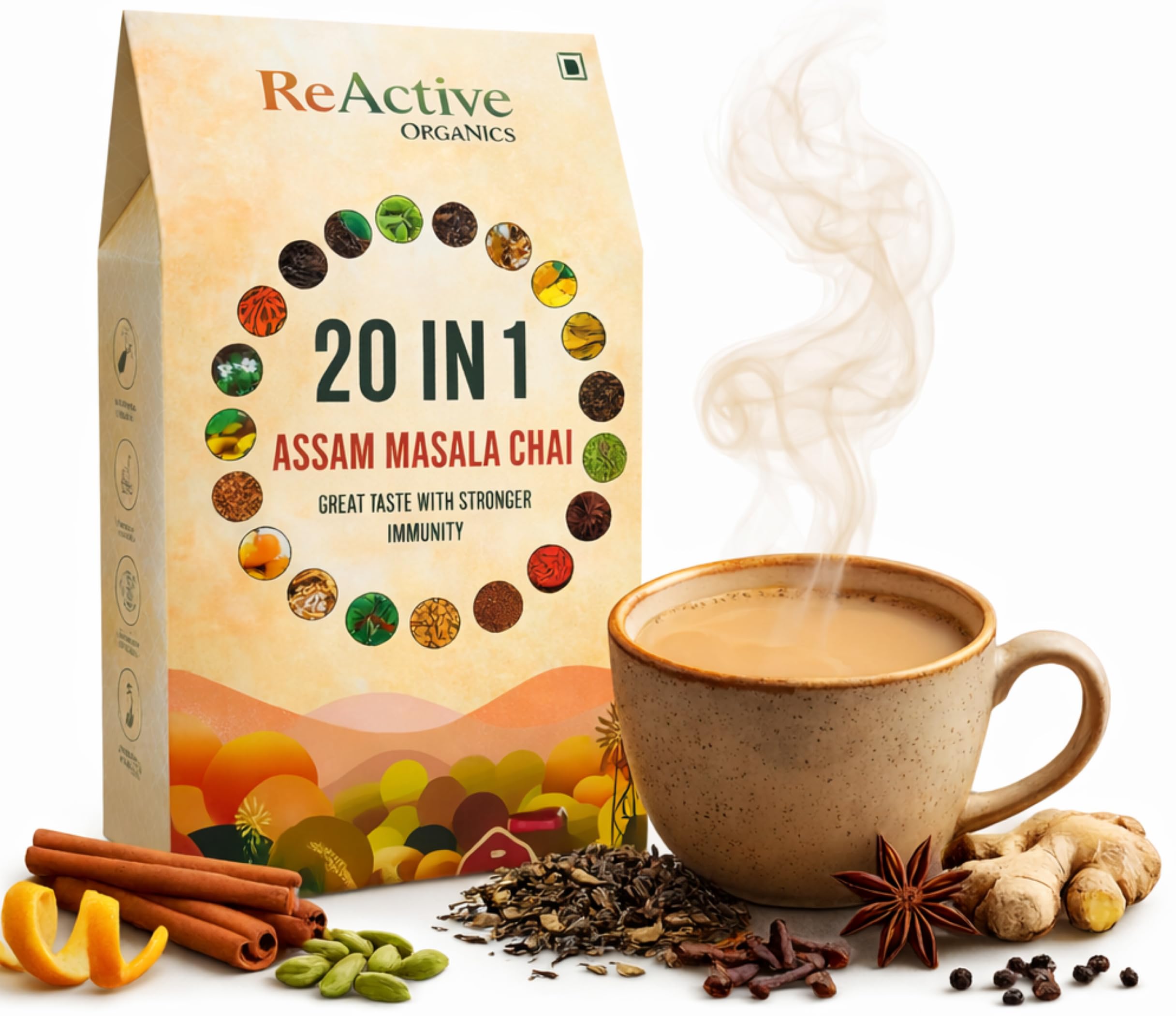 ReActive Organics 20 в 1 Ассамский Масала Чай 200г | Крепкий Кадак Чай | Премиальный Ассамский Черный Чай CTC с 20 Натуральными Индийскими Специями | Без Искусственных