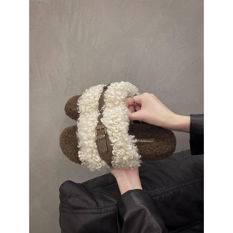 Moda 2025 Zapatos de Deslizamiento de Piel de Cordero de Lujo para Mujer Suela Gruesa Cinturón con Hebilla Zapatilla de Felpa Sandalias Mula con Plataforma de Pelo Rizado Teddy para Mujer Invierno
