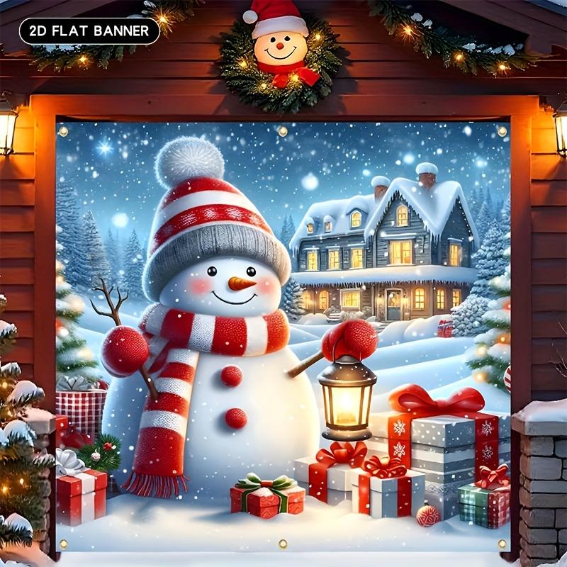 2D Plan, Oversized Winter Wonderland Garage Banner -8.0x7.0 Feet Snowman and Snow Village Scene, Snow Covered Houses,