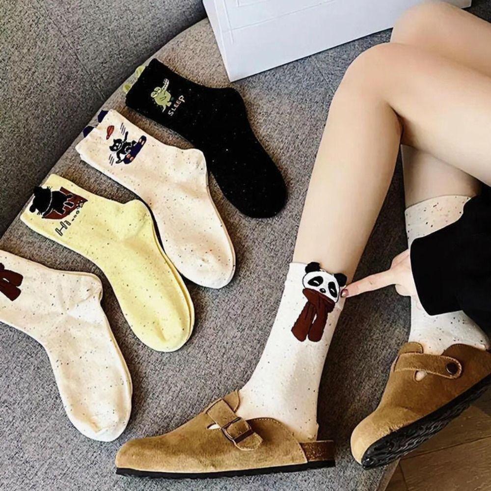 

4Pairs Panda Cartoon Dog Short Socks Dot Mid-calf Socks Breathable Socks Women Female 4 Pairs