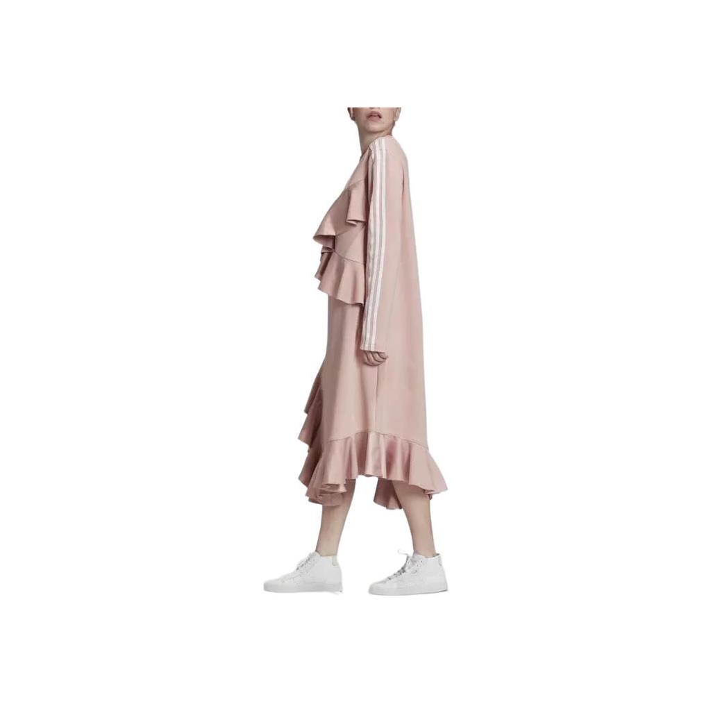 Adidas Originals Spirit XJ Ruffled Neck Round Collar Irregular Long Sleeve Dress Women Dresses Pink FT9897