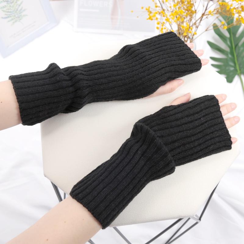 Long Fingerless Gloves Women Lolita Kawaii Cosplay Mitten Winter Warmer Knitted Arm Sleeve Casual Girls Punk Gothic Black Gloves
