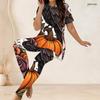 Women Plus Size Two Piece Pants Set Round Neck Short Sleeve Printed Longline Top And Fitted Long Pants
