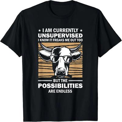 Currently Unsupervised Cow Retro Funny Men Women Farming T-Shirt