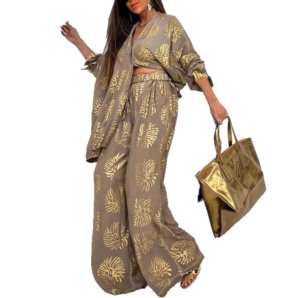 Casual Wide-Leg Pants Set with Gold Floral Print, Multiple Colors