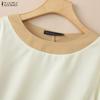 ZANZEA Womens Elegant Colorblock Blouse Casual O Neck 3/4 Sleeve Patchwork Loose Tops