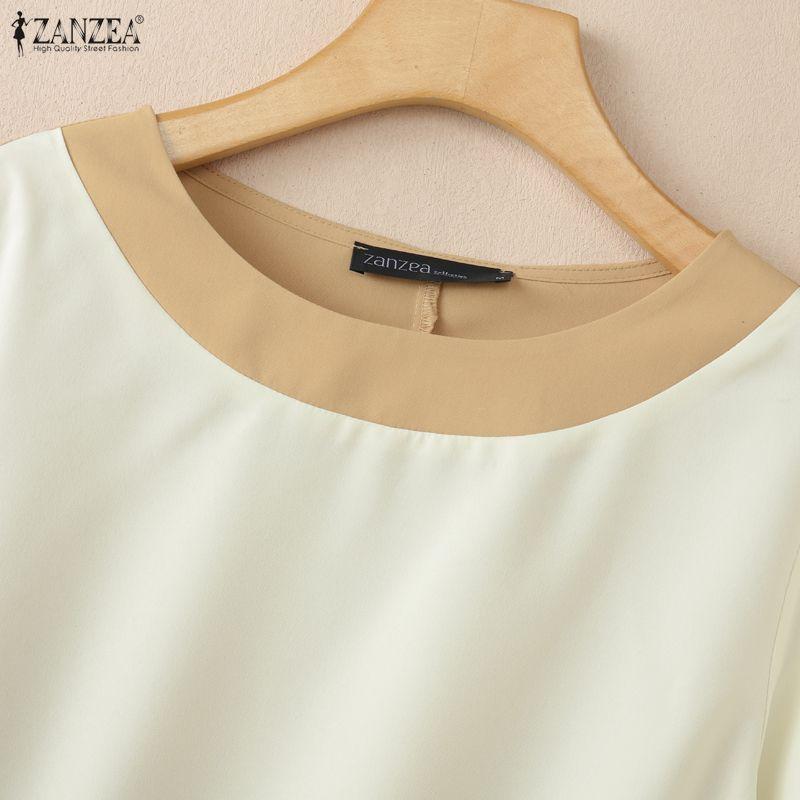 ZANZEA Womens Elegant Colorblock Blouse Casual O Neck 3/4 Sleeve Patchwork Loose Tops