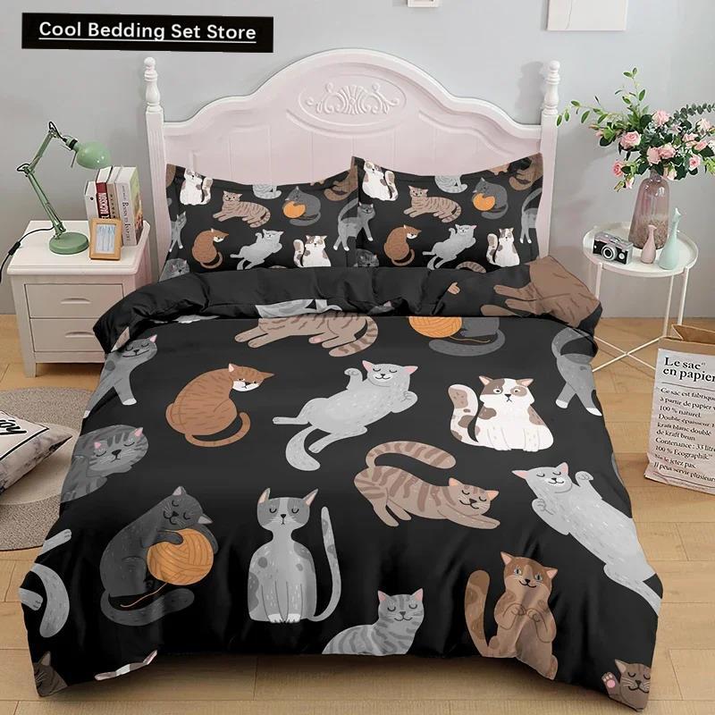 3PCS Single-sided Printed Bedding Set ,Comforter Cartoon Cute Cat Duvet Bedding Cover Pillows Comfortable Bedspreads BeddingSet