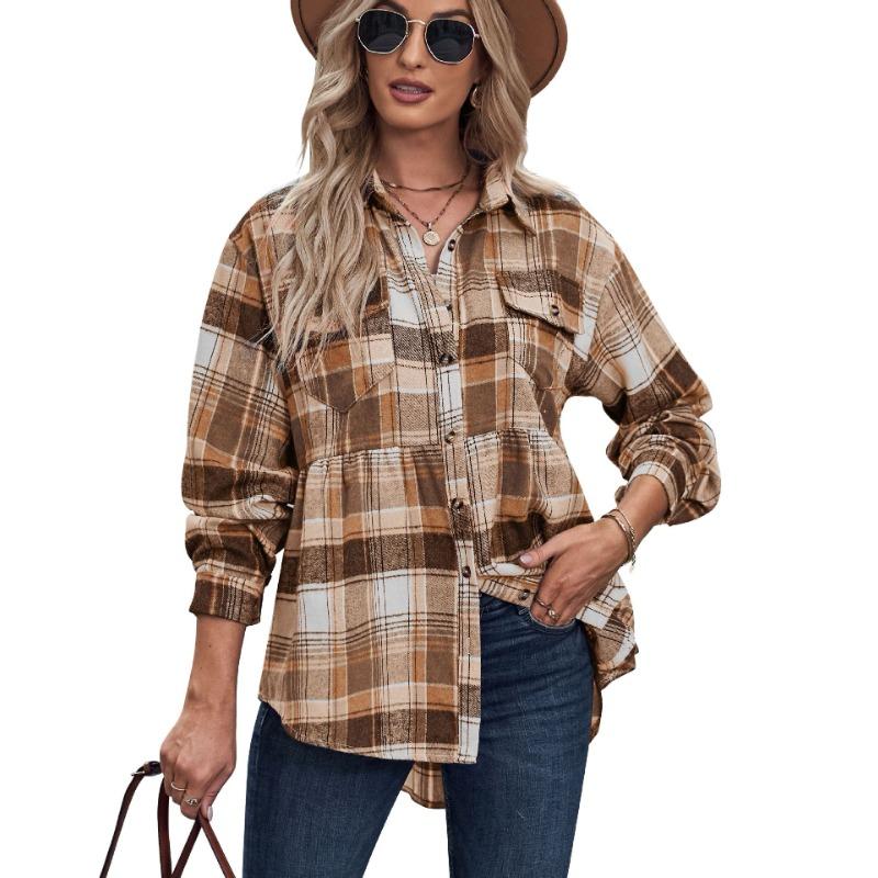 

Весенне-осенние женские рубашки-топы с карманами и откидными карманами, повседневная клетчатая рубашка, топы с длинными рукавами XXL