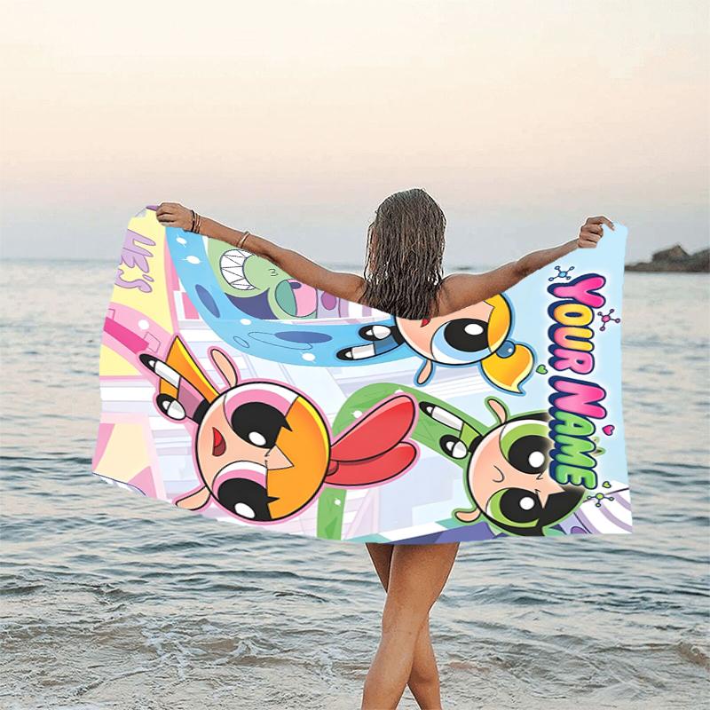 1pc Powerpuff Beach Towel with Custom Name, Beach and Seaside Swimming Pool Equipment, Fashion Pattern, Rectangular, Travel Essential